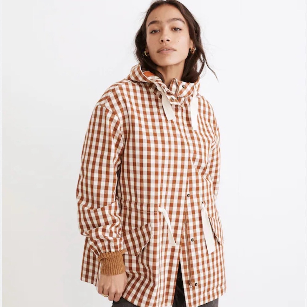 Madewell Tan and Cream Checkered gingham raincloud rain coat Jacket - Picture 2 of 10